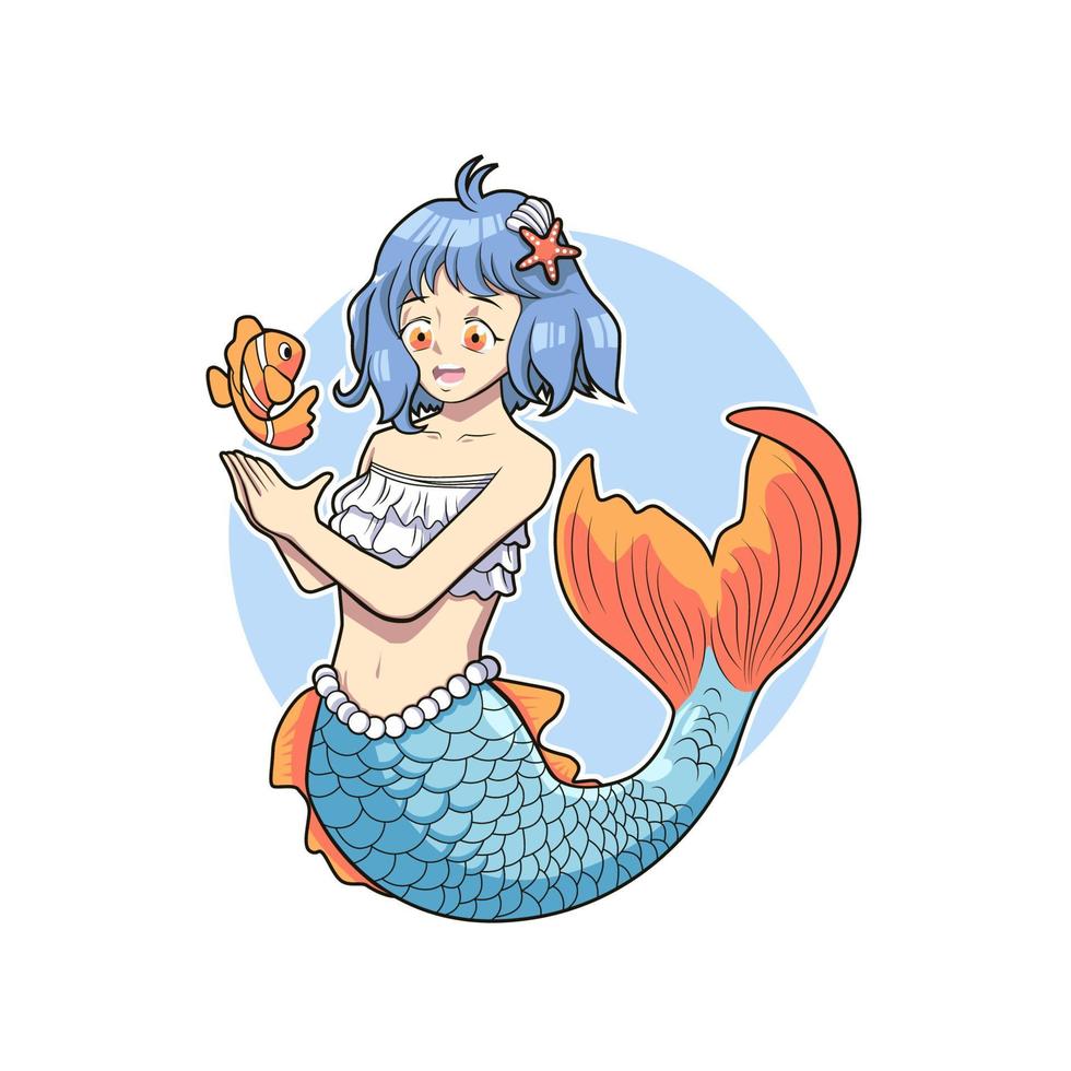 Sirena linda y pez payaso, diseño de ilustraciones vectoriales vector