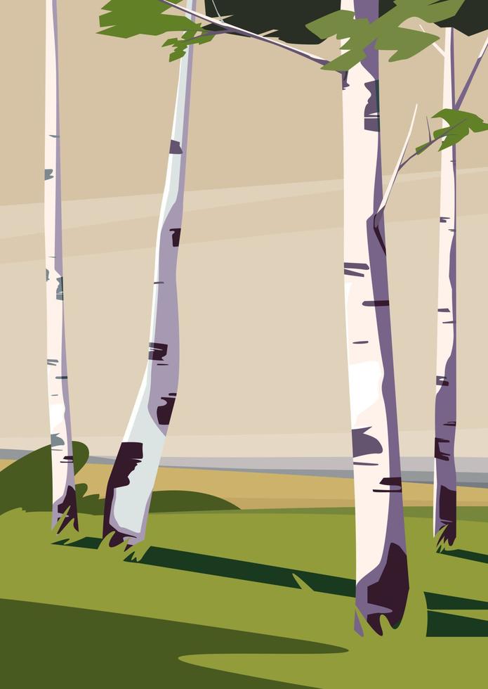 Birches on the meadow. Nature landscape in portrait format. vector