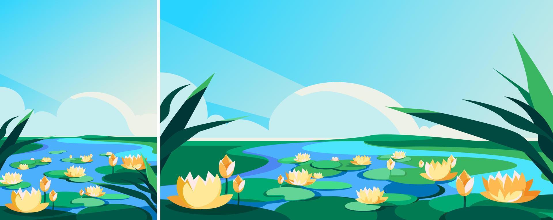 Blooming lotuses on the river. Natural scenery in different formats. vector