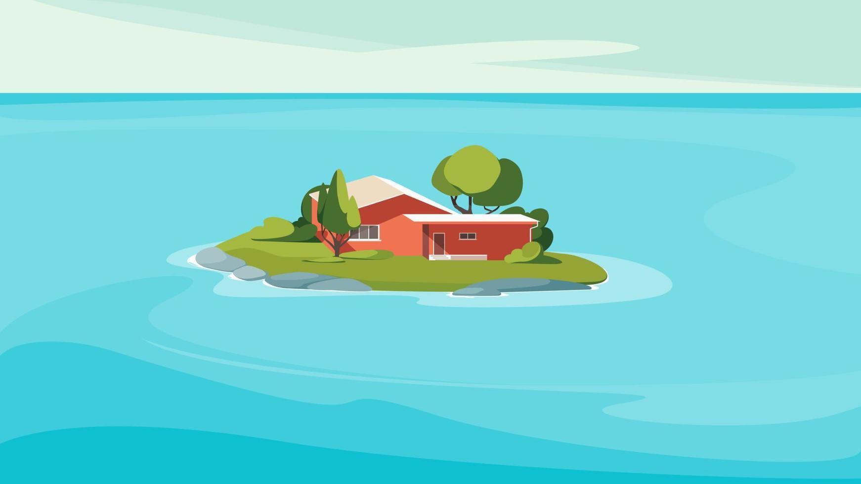 paisaje marino con casa roja en la isla. vector