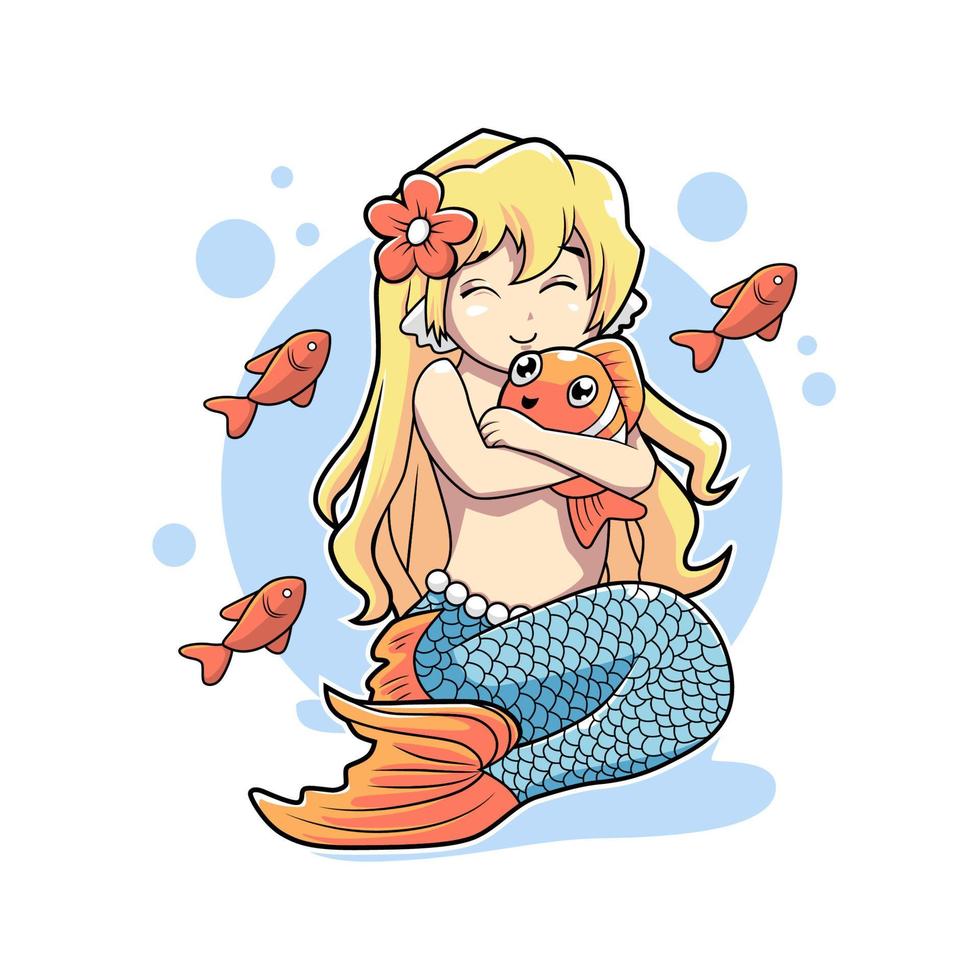 mermaid cute hug clown fish vector illustration design