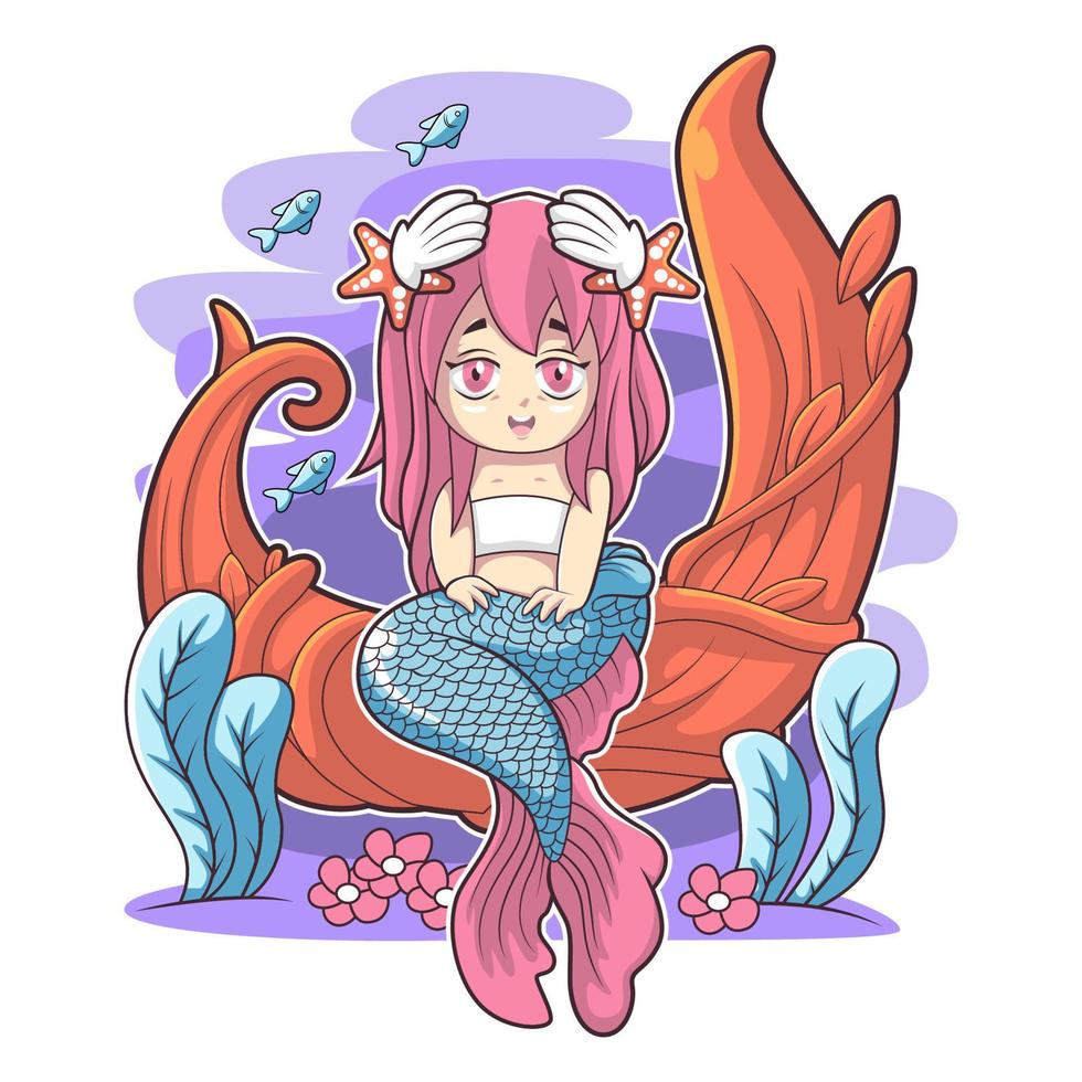 Sirena linda sentada en el diseño de ilustración de vector de algas marinas