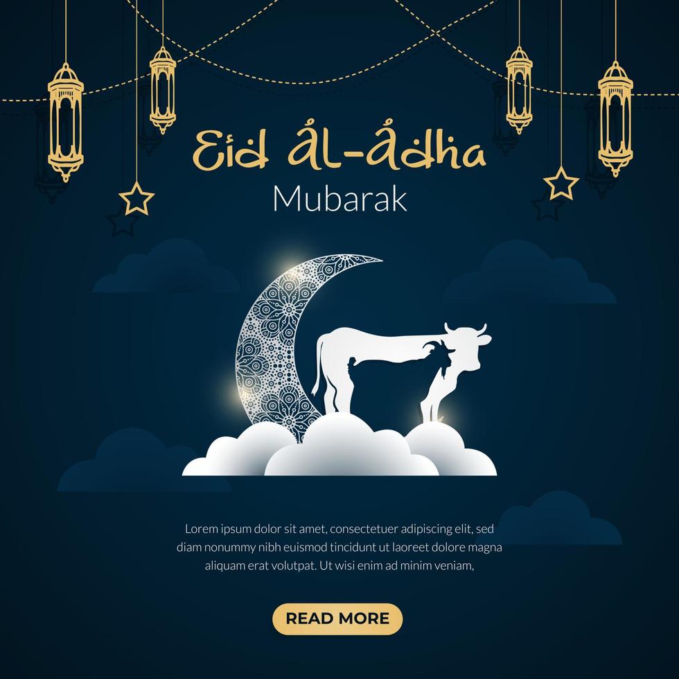 Happy Eid Al Adha mubarak celebration banner with moon and cow goat paper cut effect on blue night color background. Eid Al Adha Mubarak Muslim celebration day vector