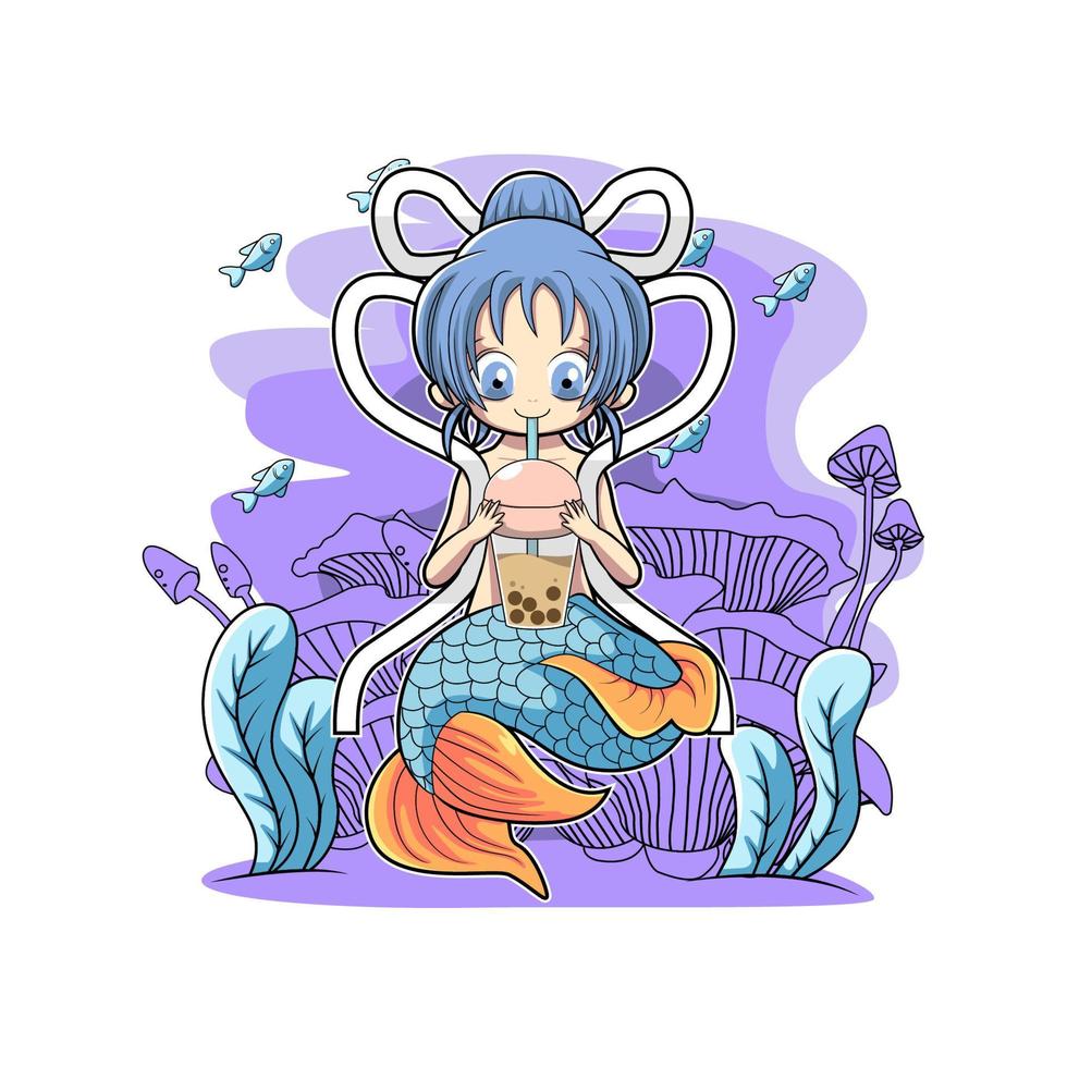 mermaid cute drinking boba vector illustration design