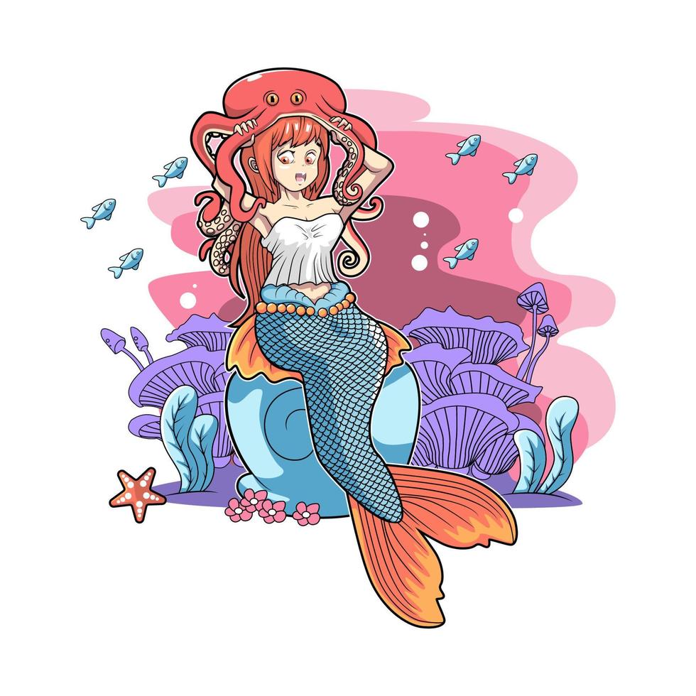 Sirena linda jugando con pulpo, diseño de ilustraciones vectoriales vector