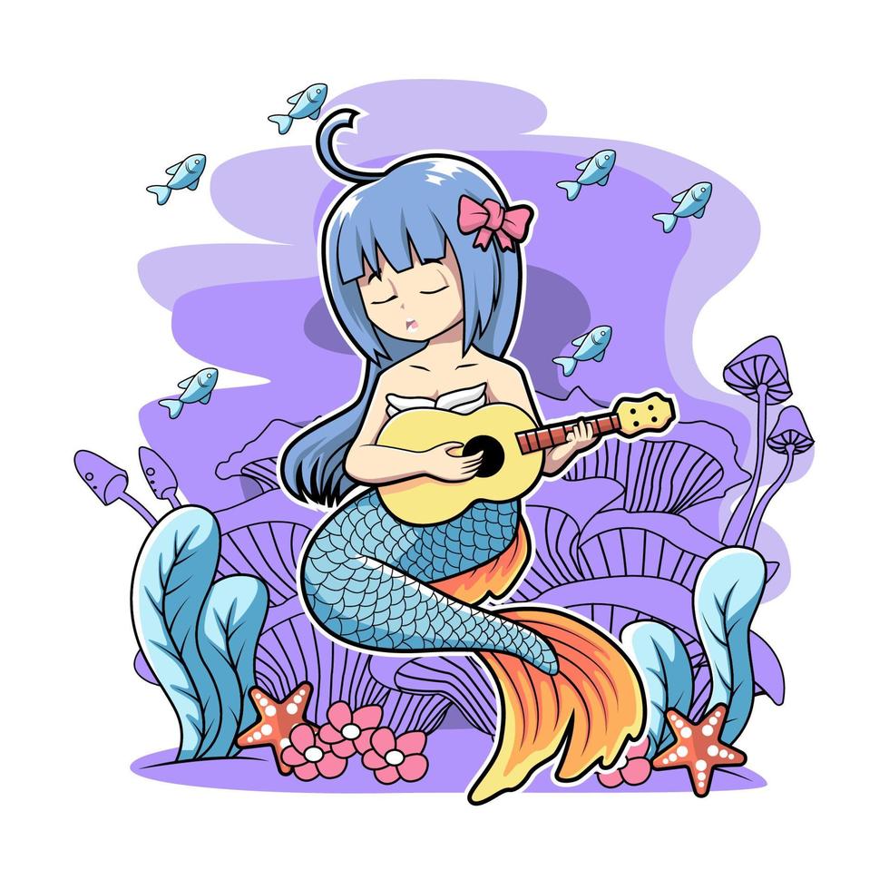 mermaid playing gitar verctor illustration cartoon design vector