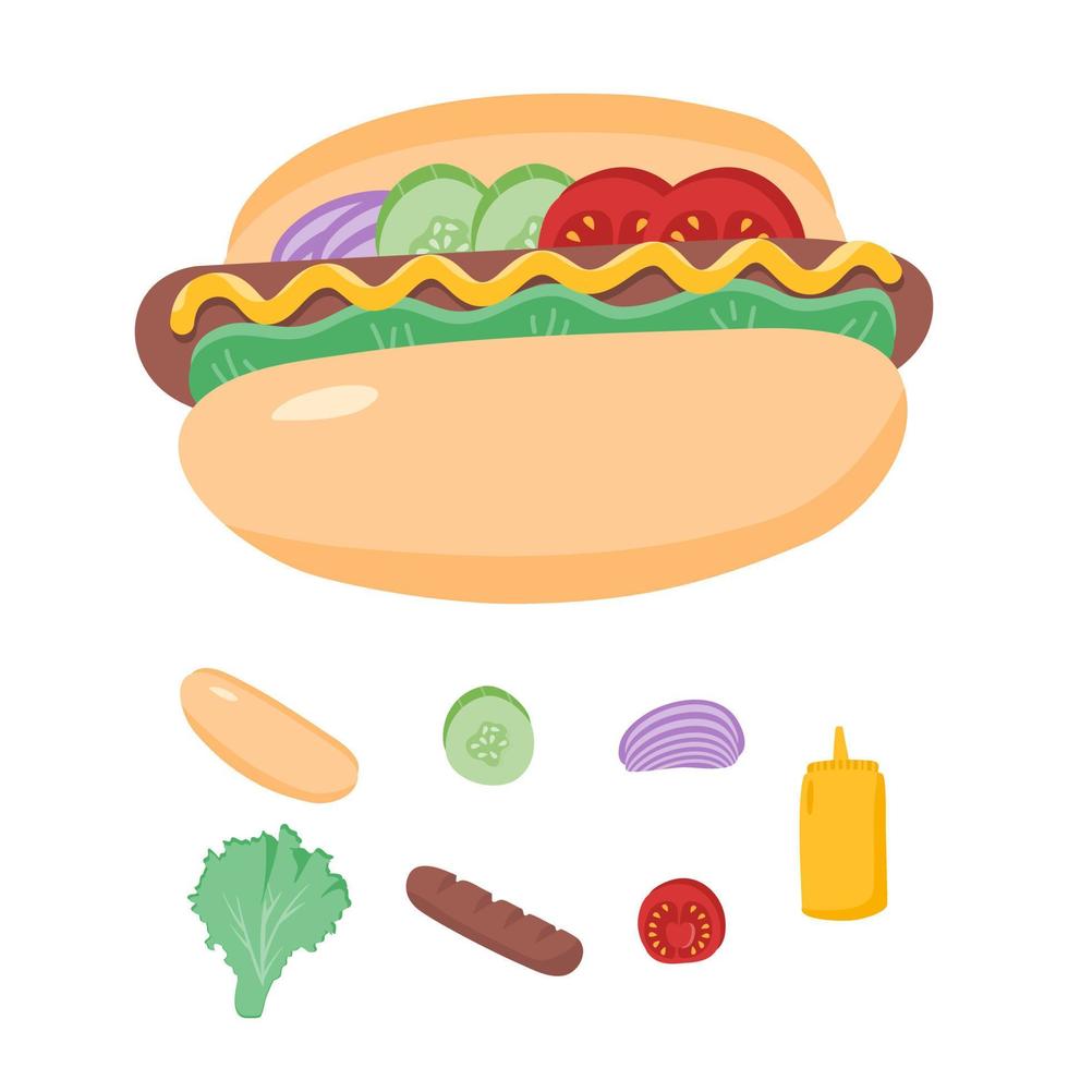 ingredientes para una receta de comida rapida de hot dog vector