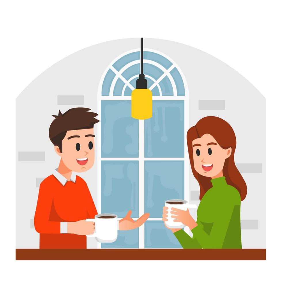 man and woman chatting casually and holding coffee mugs vector