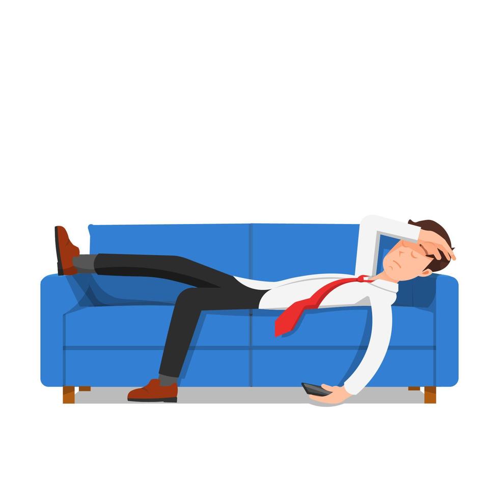 a businessperson or employee feels tired and falls asleep on the sofa vector