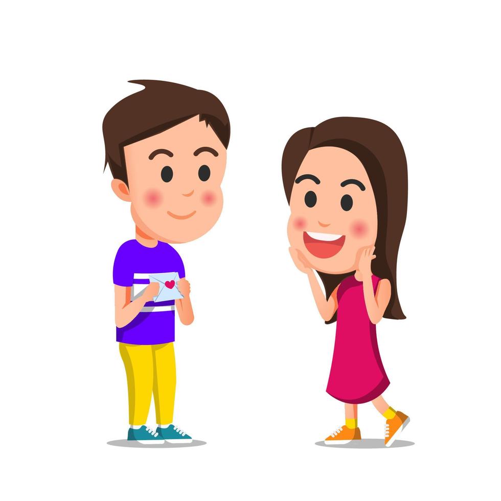a boy with a flushed face gives a love letter to a girl vector