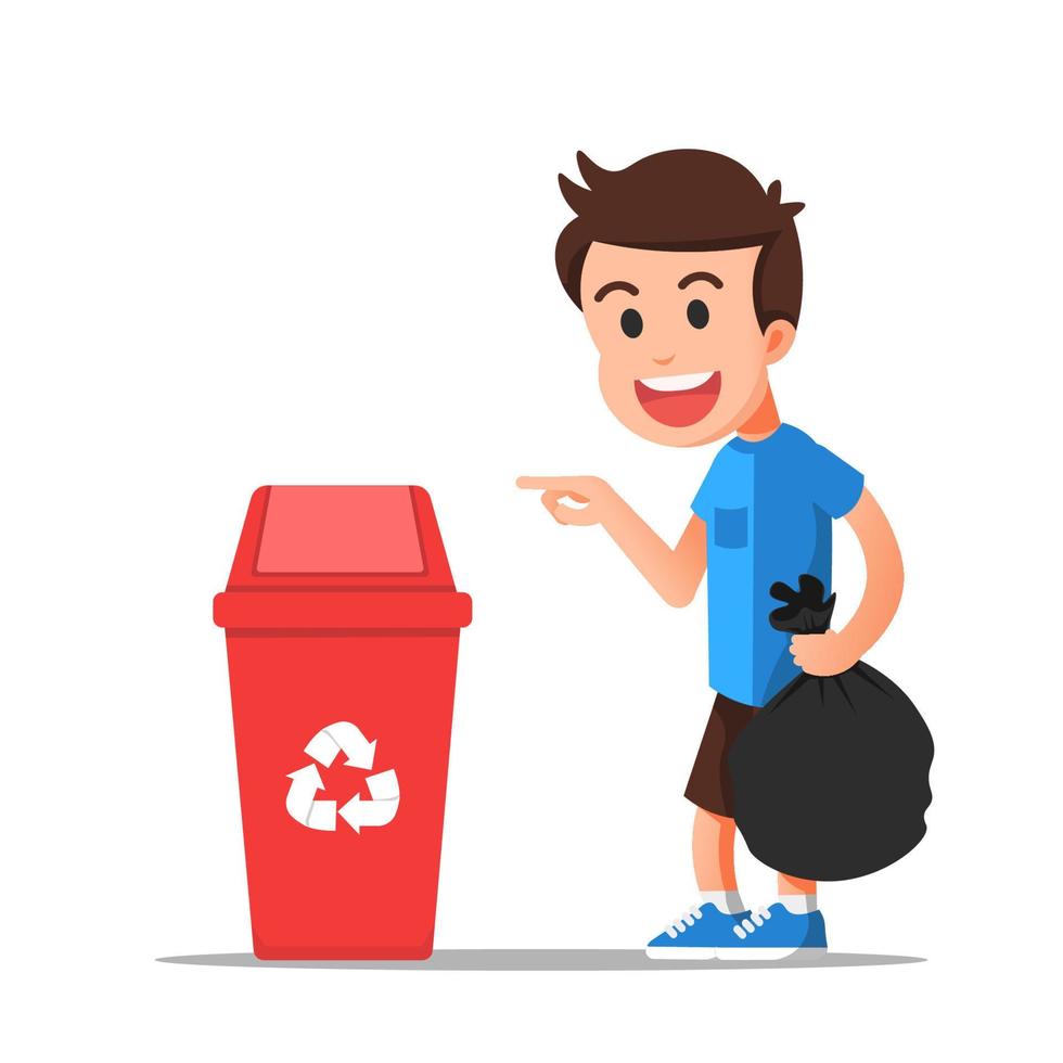 Boy holds the trash and points to the recycling bin vector