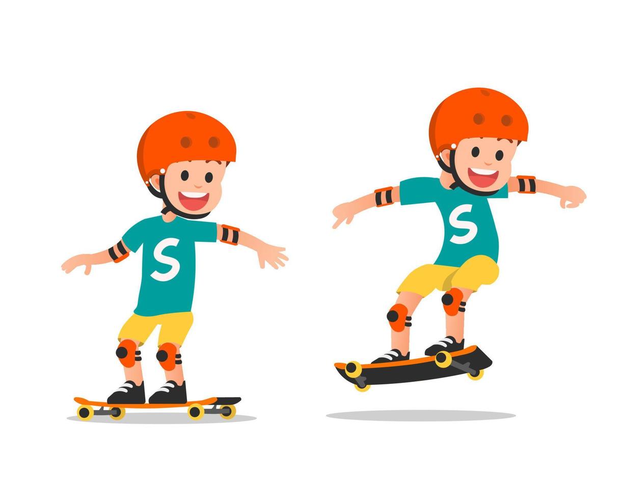 un niño sonriente jugando con su patineta vector