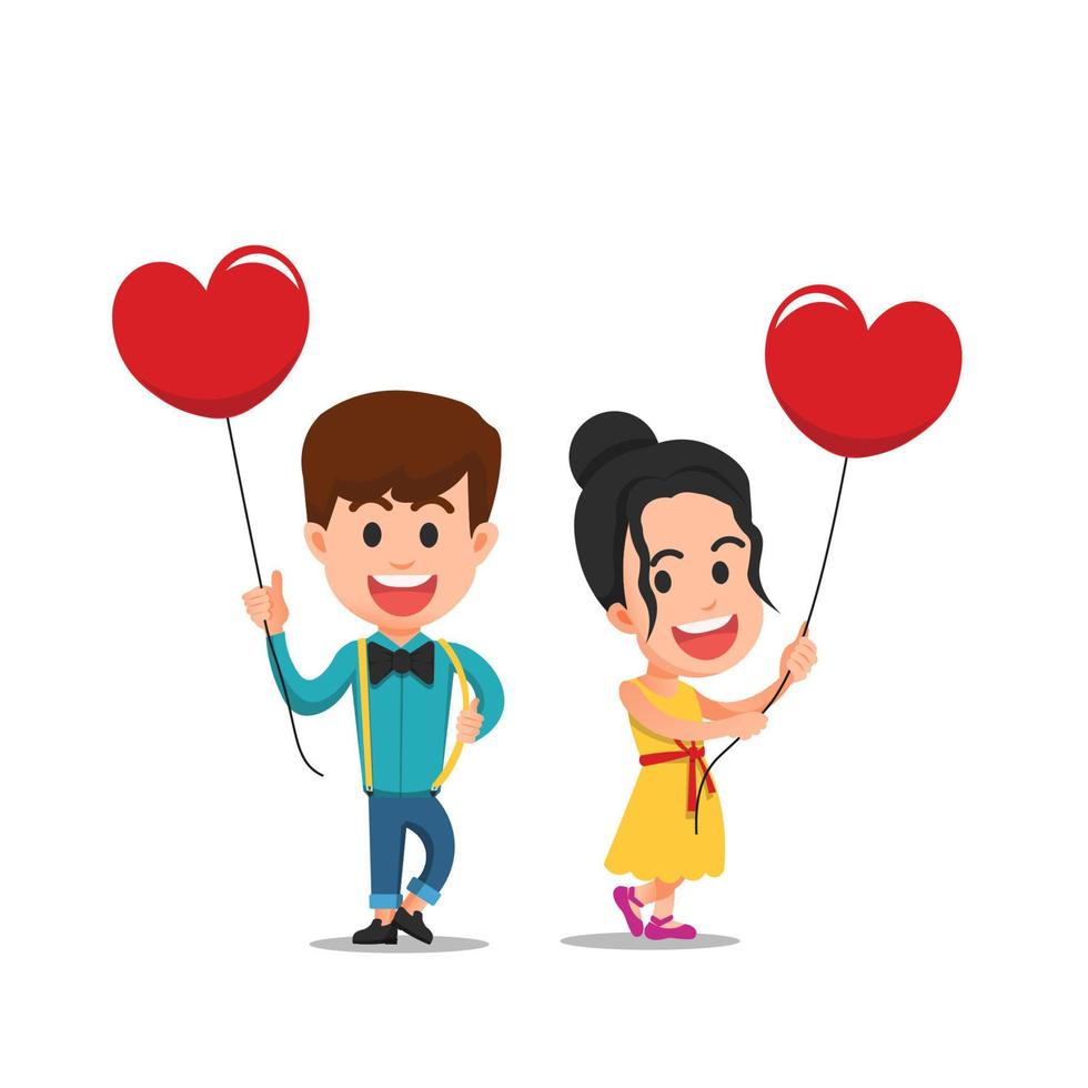 two children holding red heart balloons vector