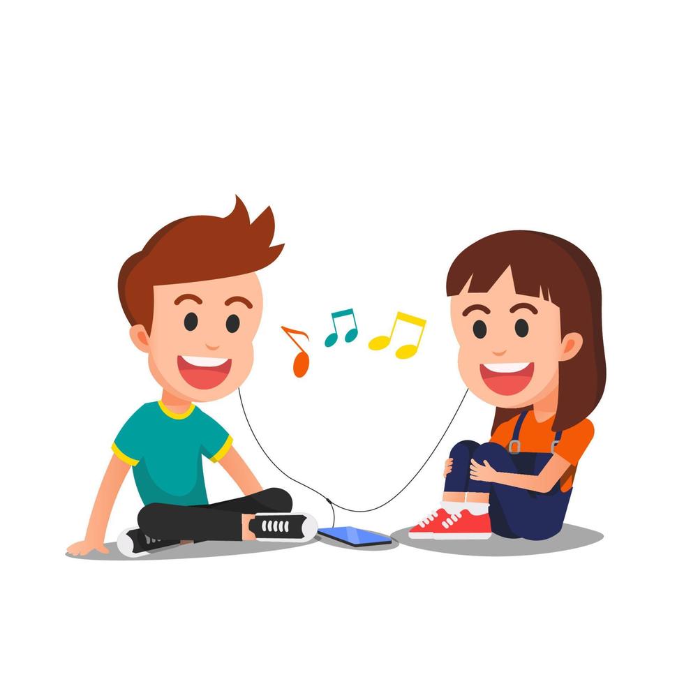 Two children listen to music together using earphone vector