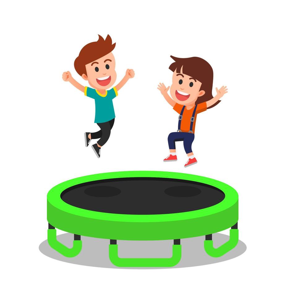 niño y niña felices saltando en un trampolín vector