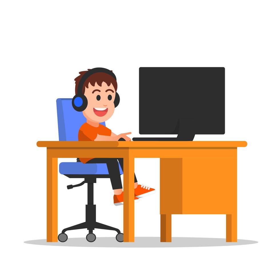 a boy playing games on the computer and wearing headphones vector