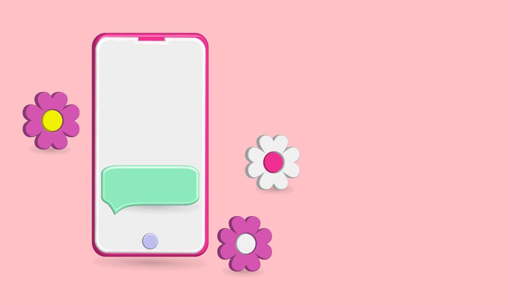 3D smartphone icon and flower decoration with pink, purple and white colors vector