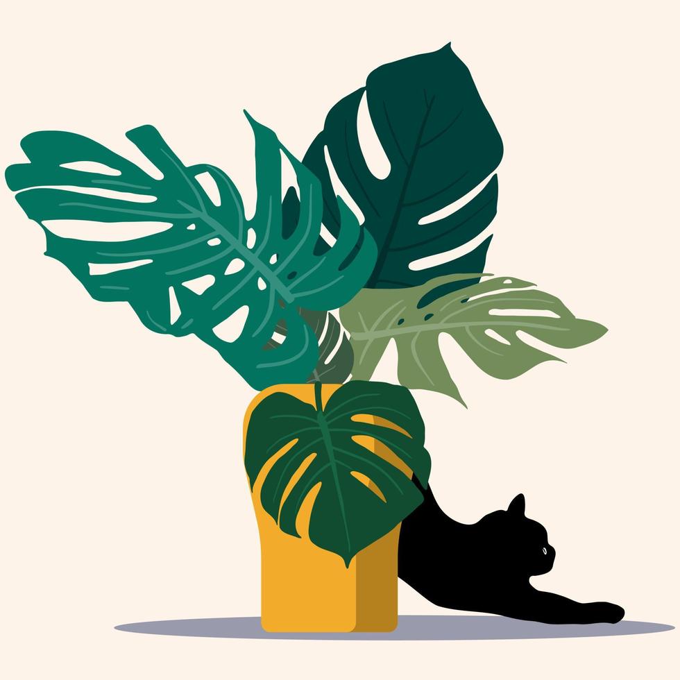 Leaves of Monstera in the vase with a cat. Tropical set. Exotic composition. vector