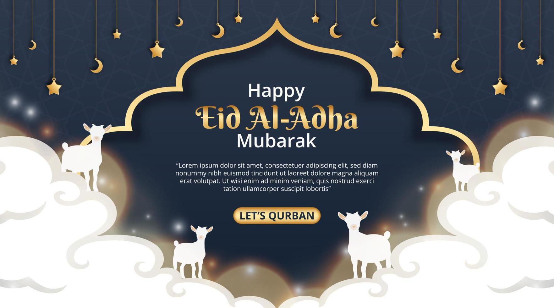 feliz fondo de eid al adha mubarak con ilustración de cabras en el cielo con decoración islámica vector