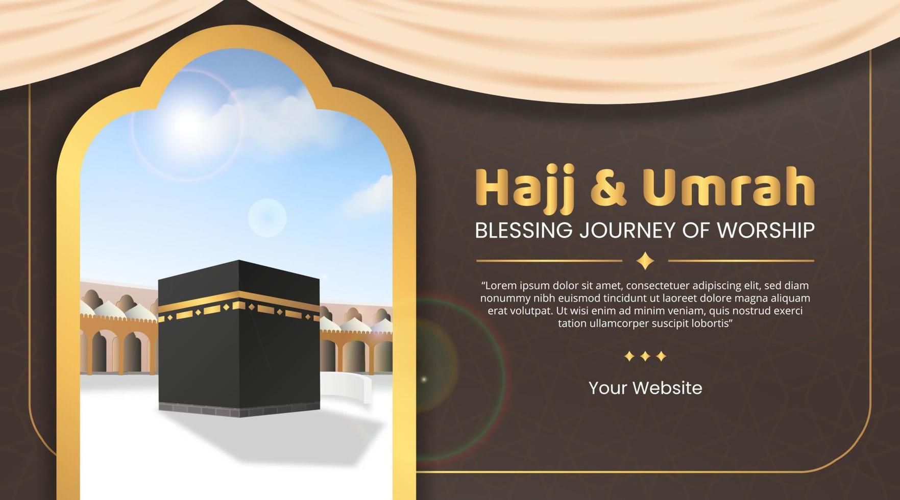 Islamic hajj pilgrimage and umrah banner with Islamic decoration and masjid Al Haram with Kaaba vector