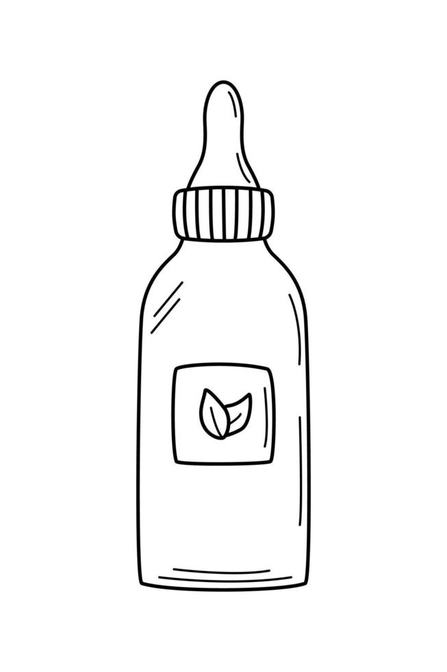 Cosmetic oil in a bottle, massage or sauna oil. Vector doodle illustration.