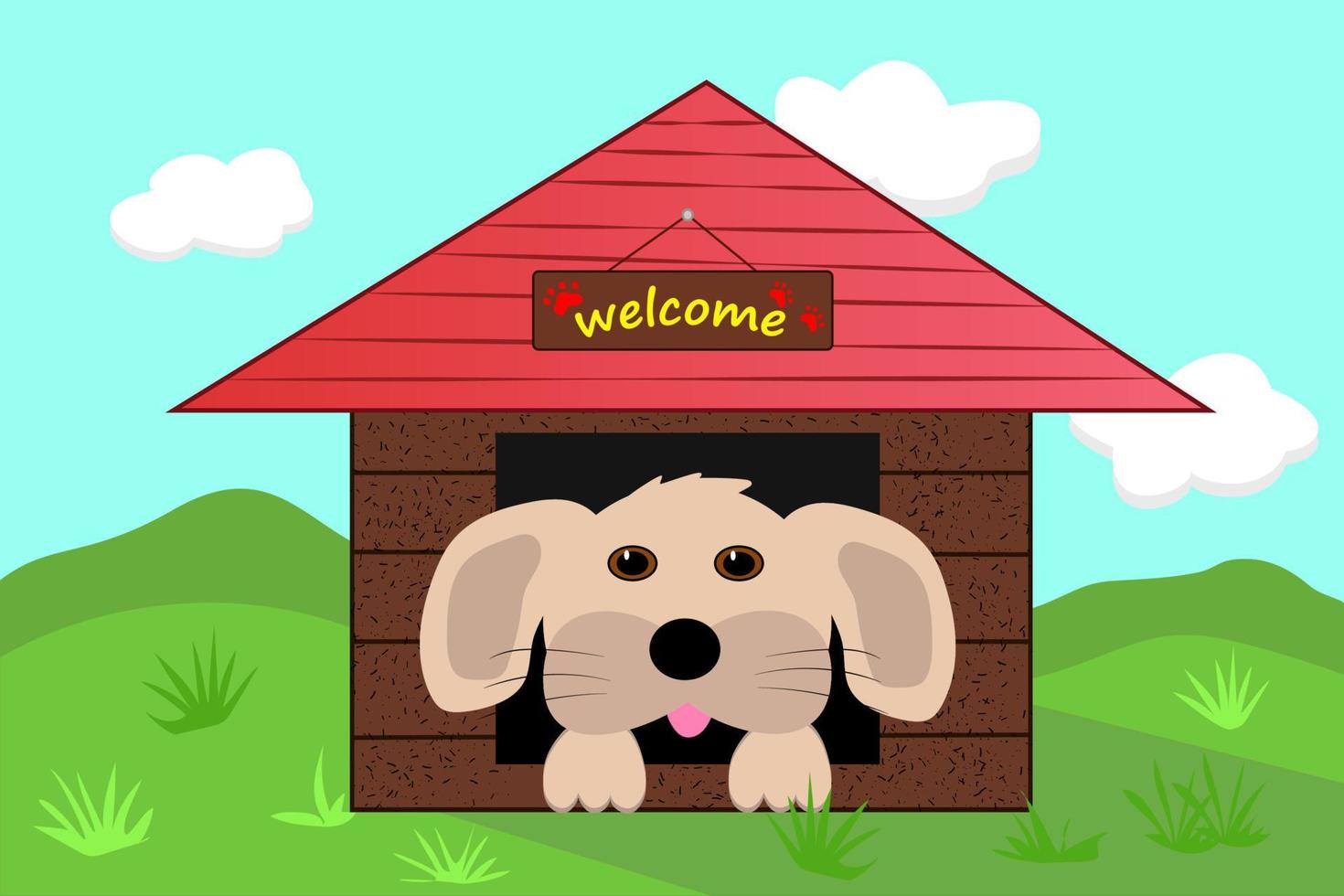 Cute dog face looks out of the booth. Vector illustration. Dog house on the lawn