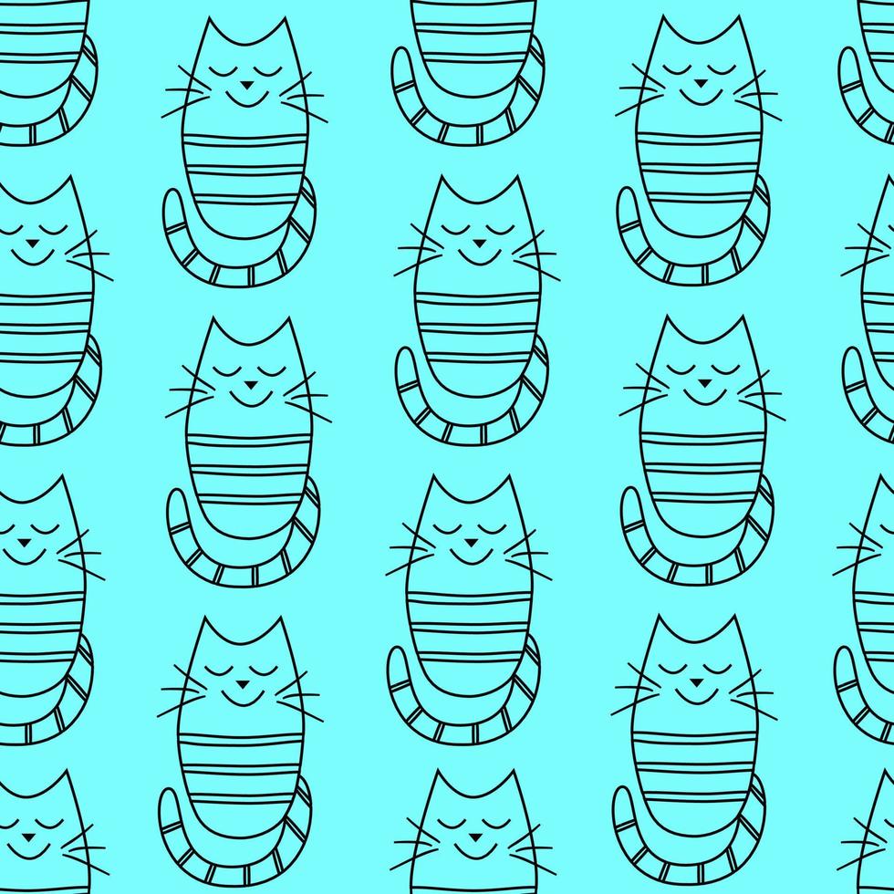 Seamless pattern with funny cartoon cat with dreamy facial expression on blue background. Vector Wallpaper children background