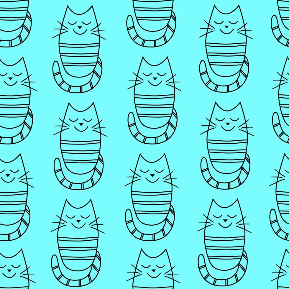 patrón sin inconvenientes con un divertido gato de dibujos animados con una expresión facial de ensueño en el fondo azul. vector fondos de pantalla niños fondo