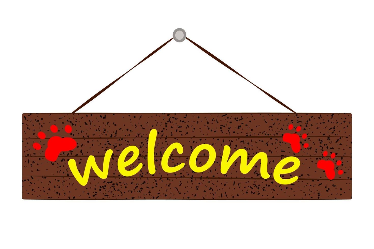 Word Welcome on a wooden hanging plaque with dog paw prints. Vector illustration of isolate on white