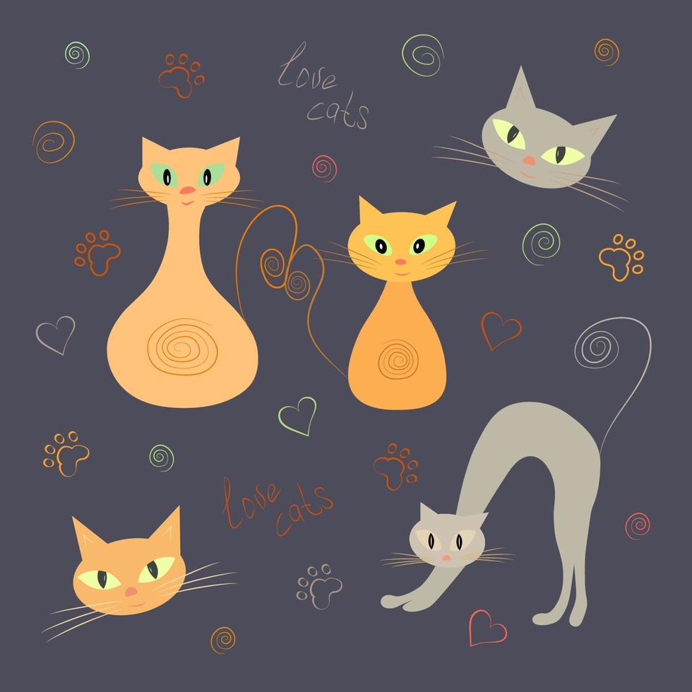 Set colors of Funny cats on dark background. Adult cat and kitten, arched back, cat face and ornaments vector