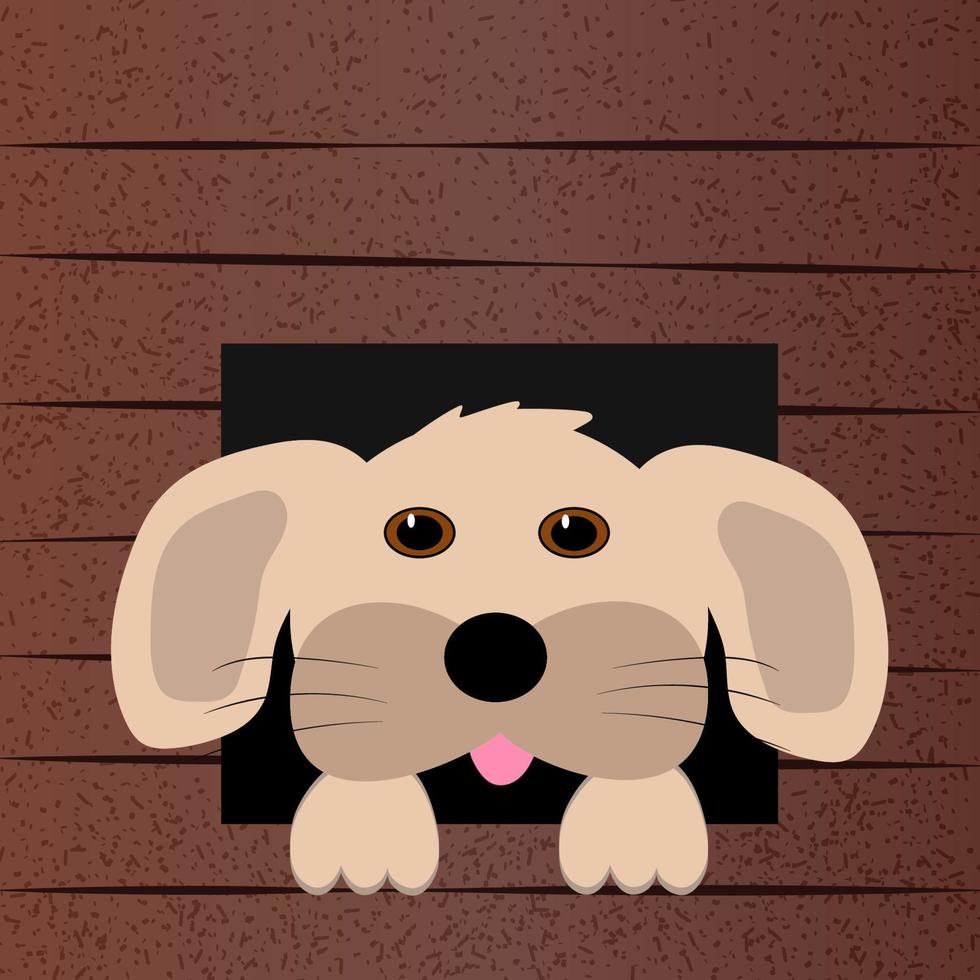 Cute dog face looks out of the booth. Vector illustration. The dog's house