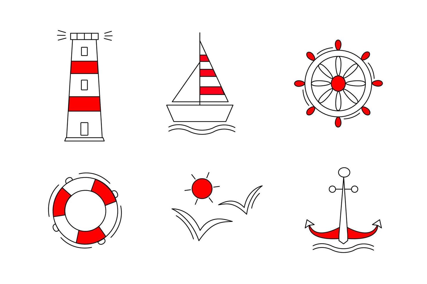 conjunto de iconos de vector de mar en rojo y blanco. ancla barco rueda gaviota faro y línea de vida.