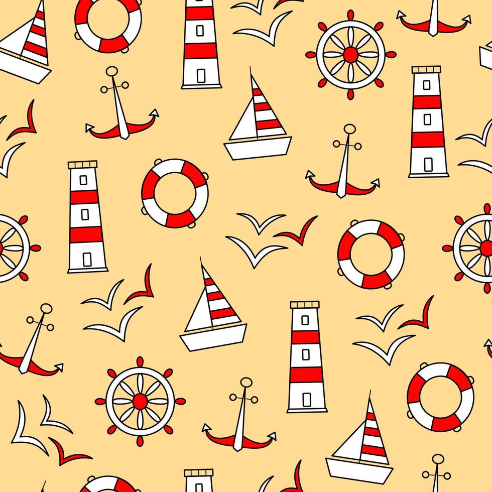 patrón vectorial sin costuras de iconos de elementos marinos ancla rueda de barco faro de gaviota y una línea de vida. hecho en rojo blanco sobre un fondo amarillo. vector