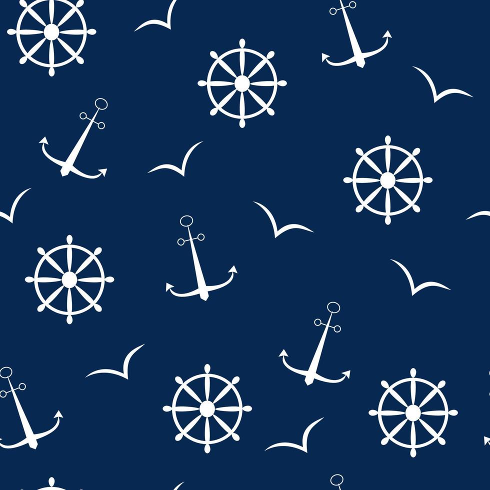 Seamless vector pattern of marine elements icons Anchor Steering wheel Seagull. White line drawings of a dark blue background