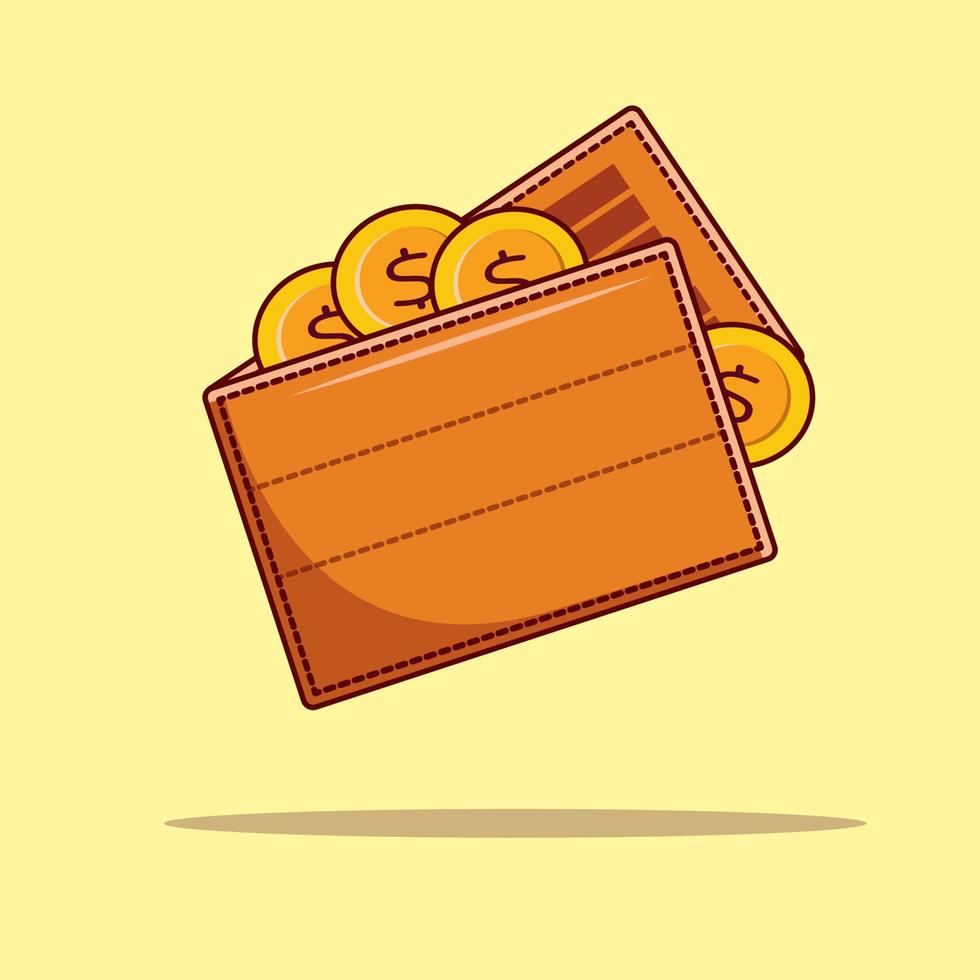 Wallet and coin isolated on yellow background, icon for economy, vector illustration