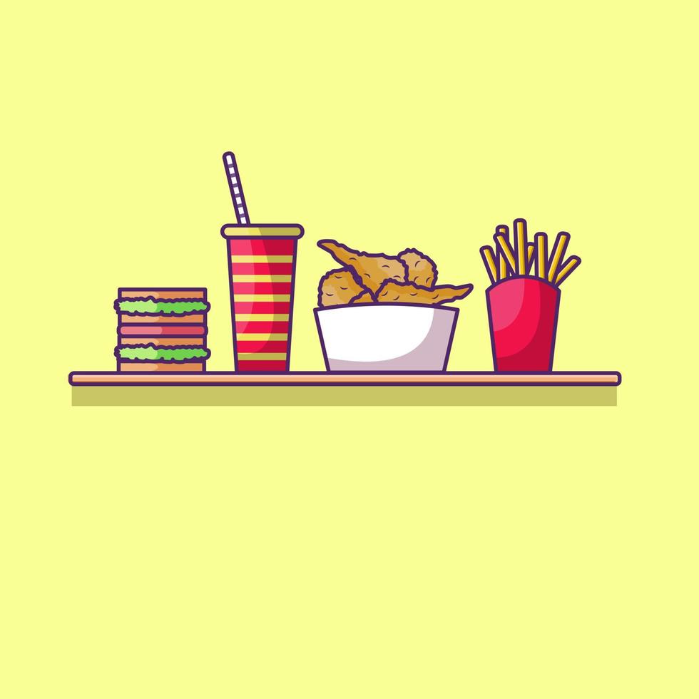 icono de comida chatarra ilustración vectorial, con bebida y papas fritas arroz y pollo y sándwich vector