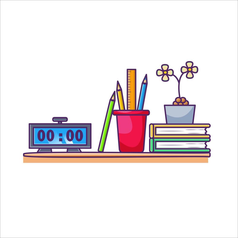 books, clocks, pens and flowers, table accessories vector