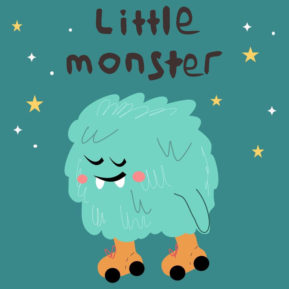 little furry monster on roller skates, cute yeti cartoon style vector