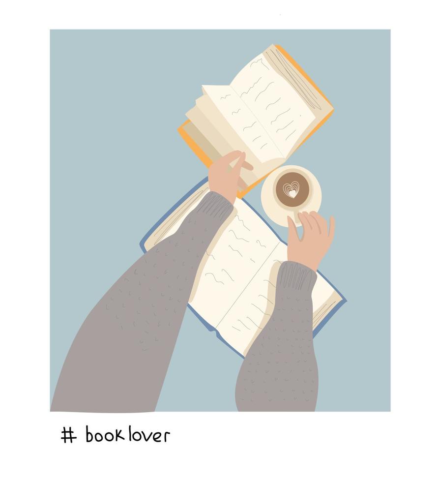 female hands in a sweater hold a book and a cup of coffee, a pose for a polaroid shot. Girl drinking coffee and reading cartoon style illustration vector