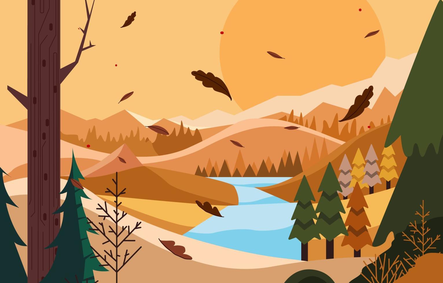 Fallen Leaves With Mountain and River Background vector