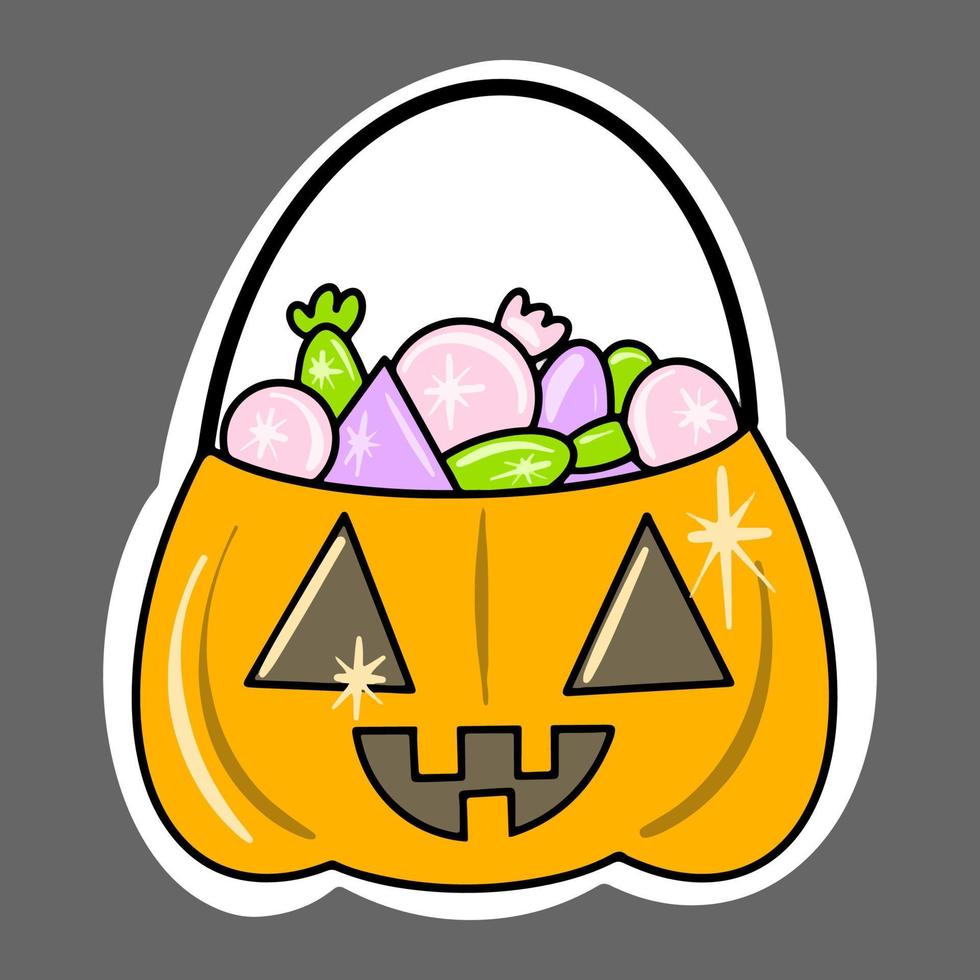 Vector Cute pumpkin with a smile and candies inside. Halloween sticker.