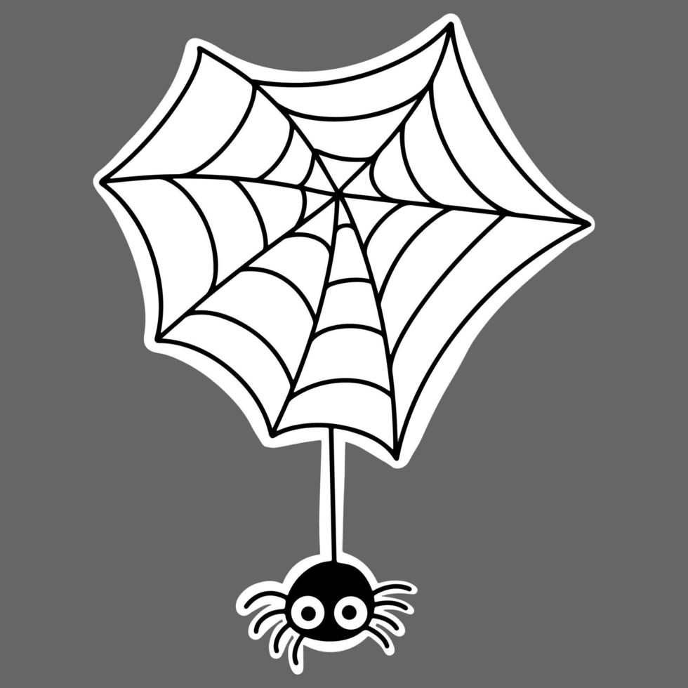 Vector Cute Halloween sticker. Funny spider descending on the web.