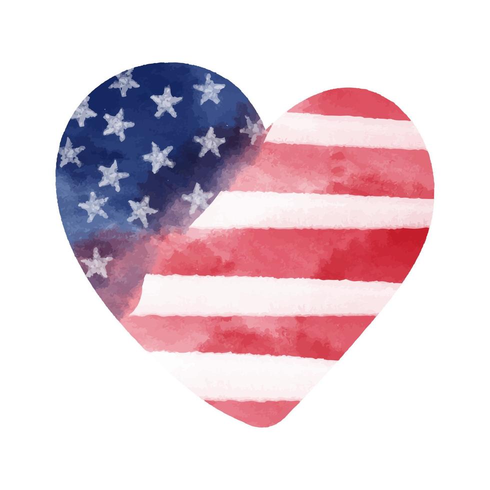 American flags painted in watercolor in the shape of a heart. Vector illustration.