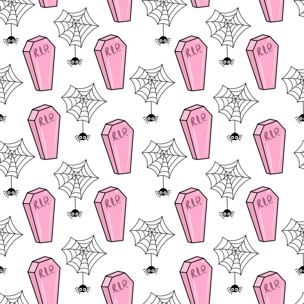 patrones sin fisuras para halloween. lindo fondo con ataúdes rosas y arañas. vector