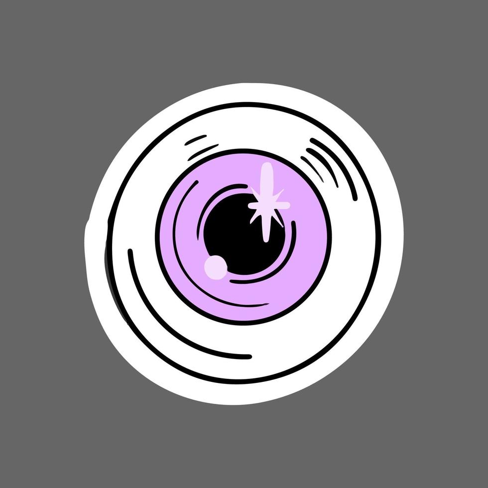 Vector frightening purple eye with sparkles in the pupil. Cute Halloween sticker.