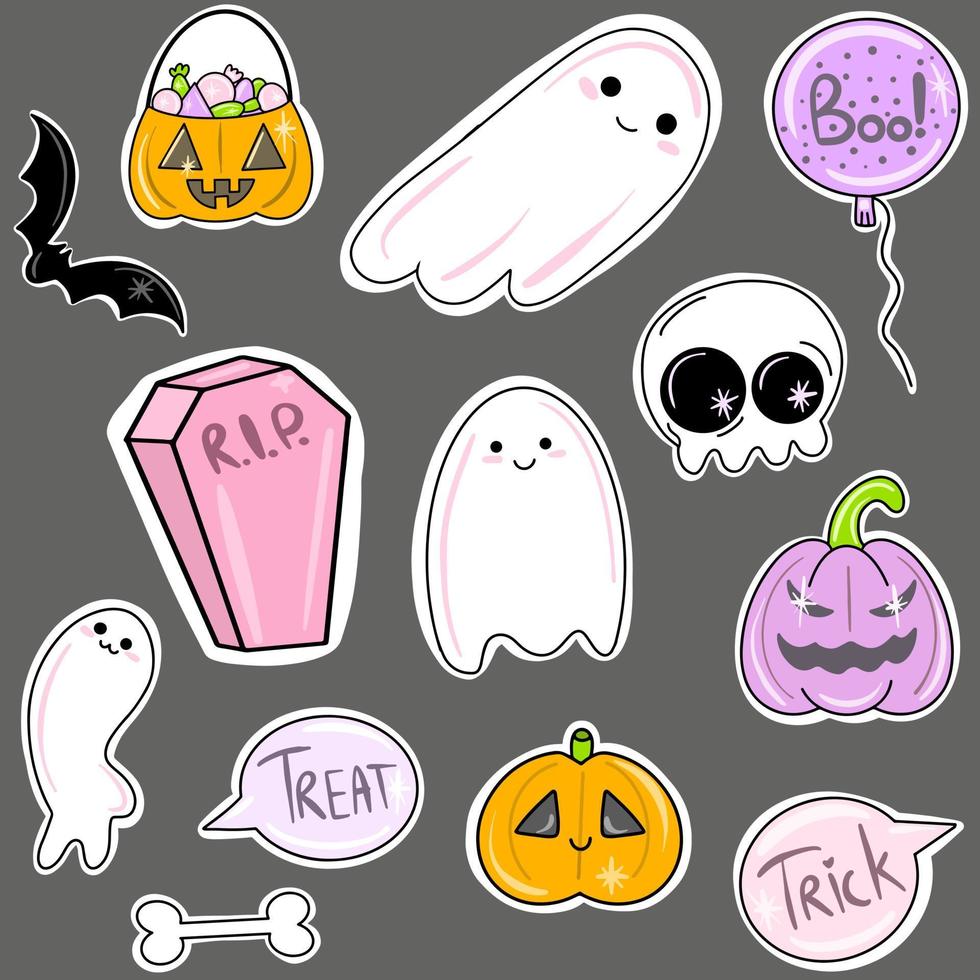 vector gran conjunto de lindas pegatinas de halloween. fantasmas, cráneo, ataúd, calabaza para el diseño de vacaciones.