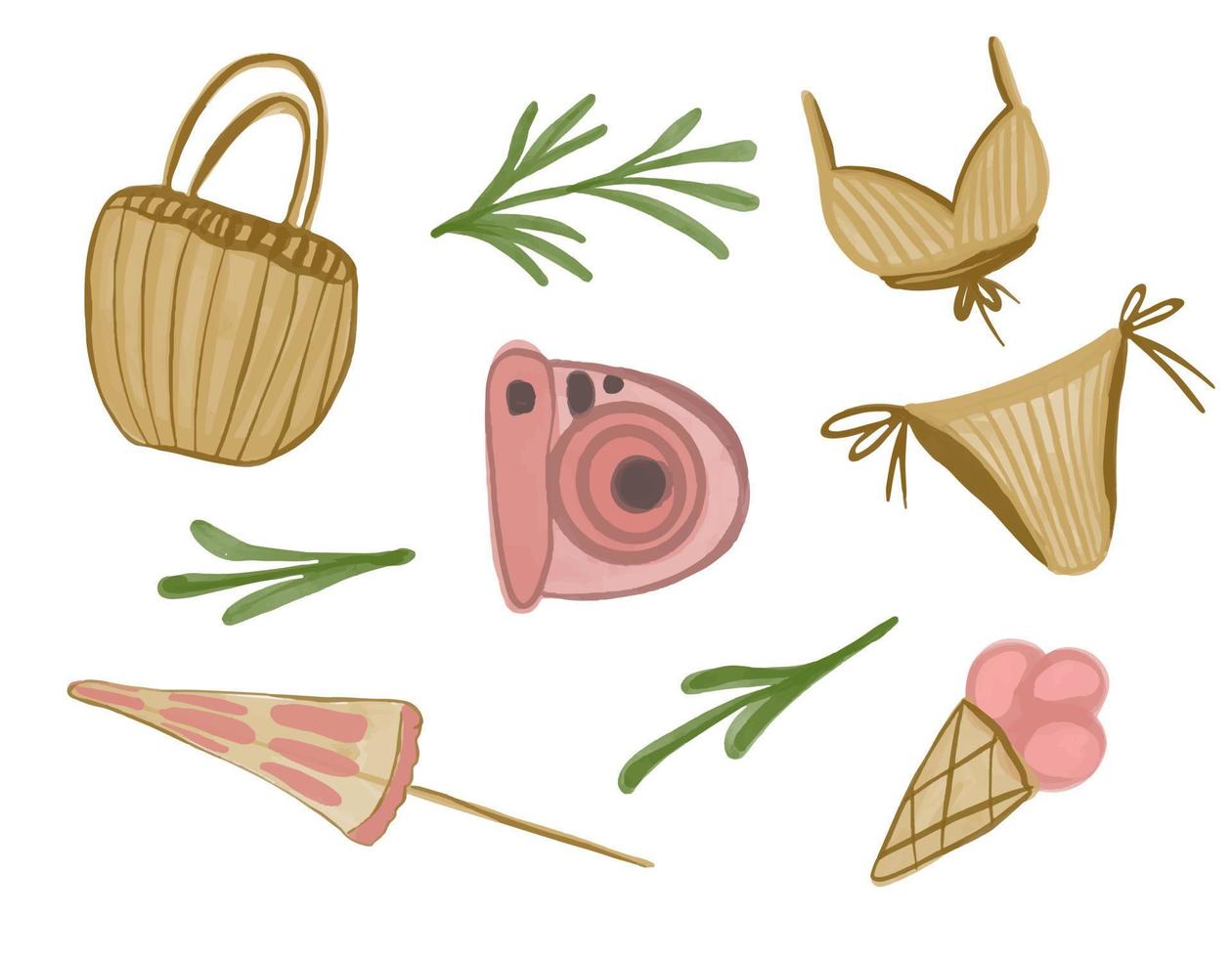 Vector Hand drawn watercolor summer beach collection in boho style. Boho summer picnic elements.