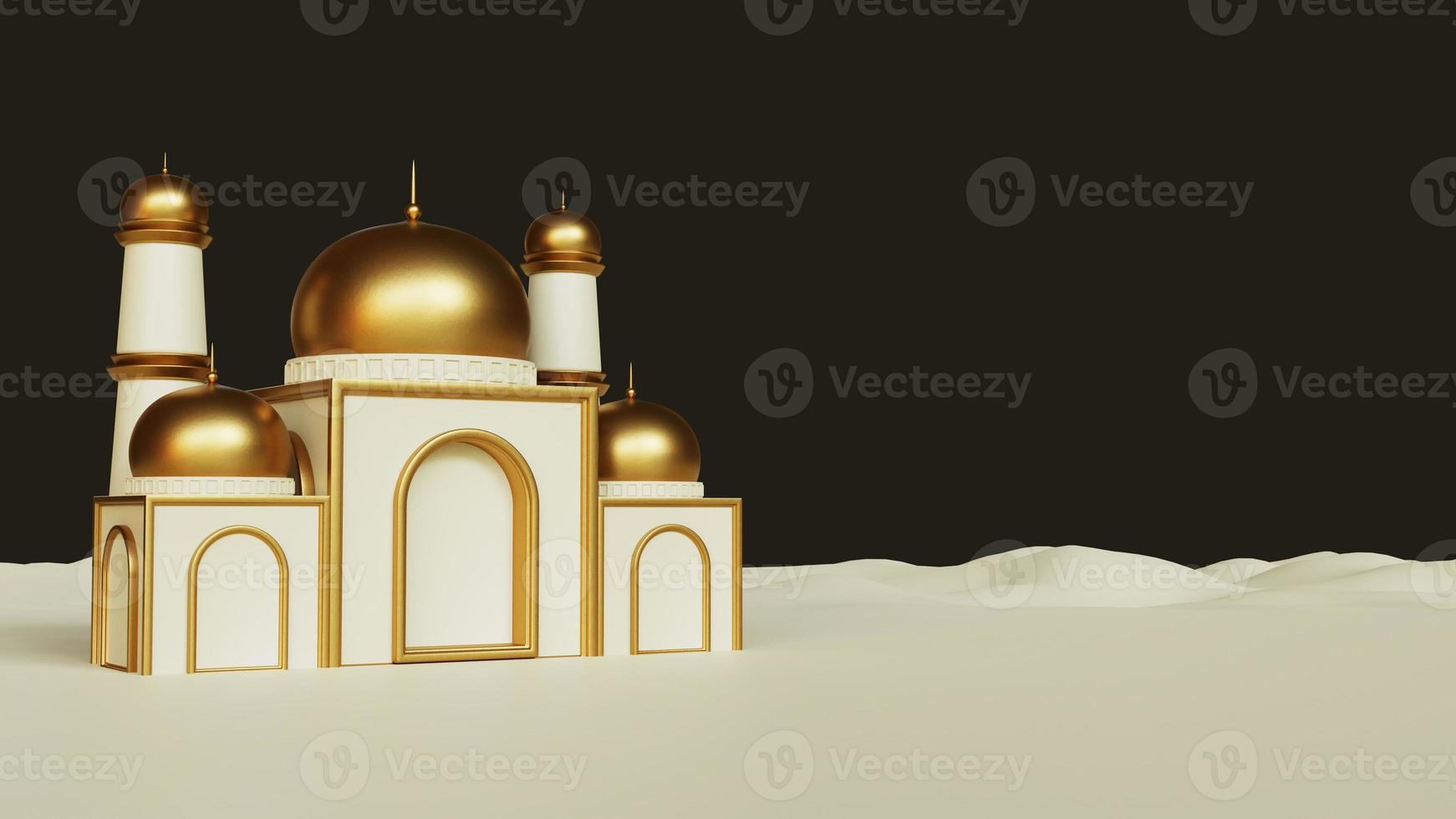 Ramadan kareem greetings background with decorative mosque on the podium, realistic 3d Islamic photo