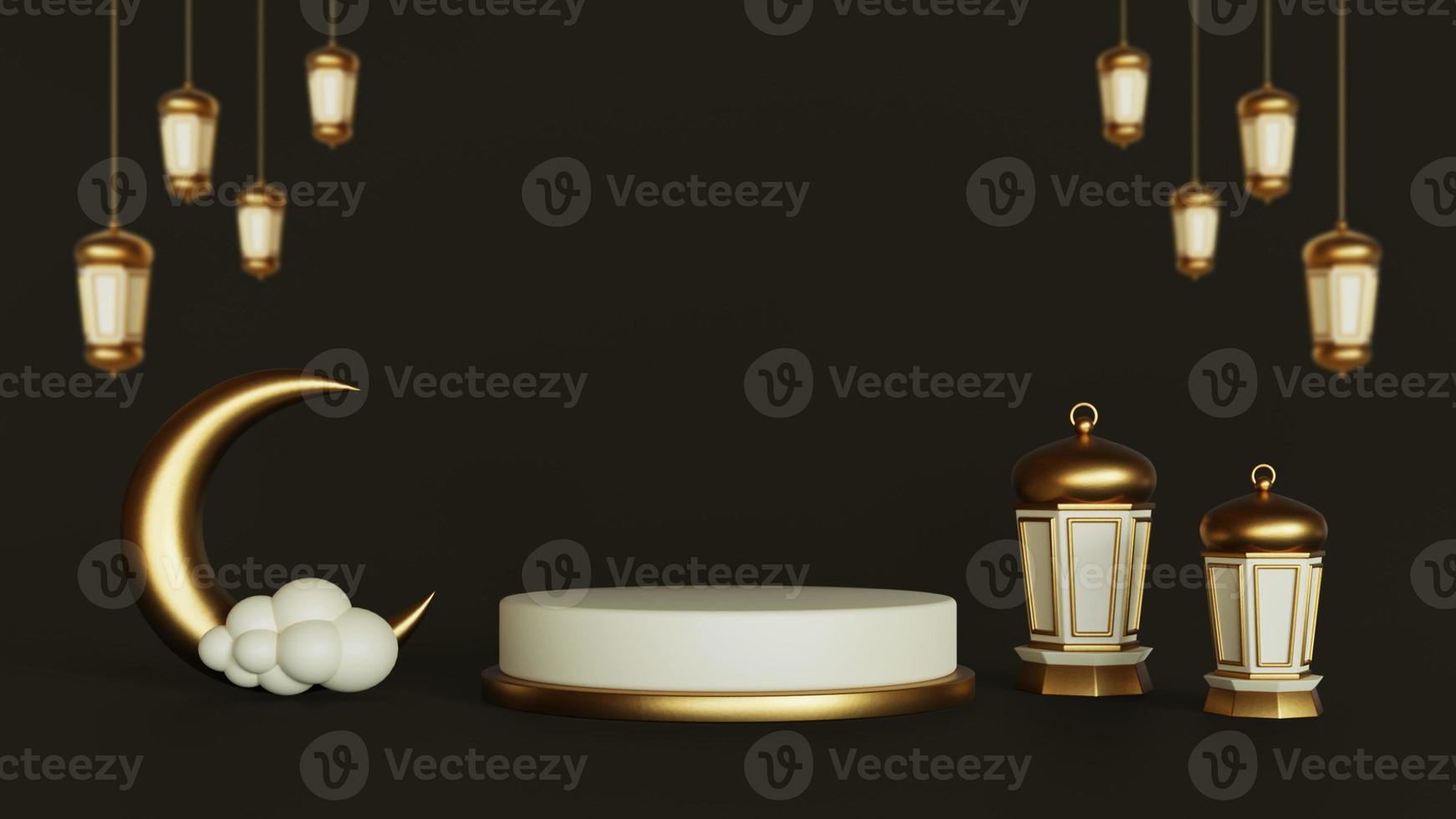 Islamic ramadan greetings, composition with 3d crescent moon and arabic lanterns photo