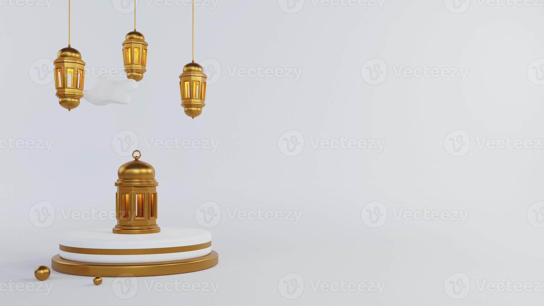 Ramadan kareem Islamic greeting background with gold lanterns and podium photo